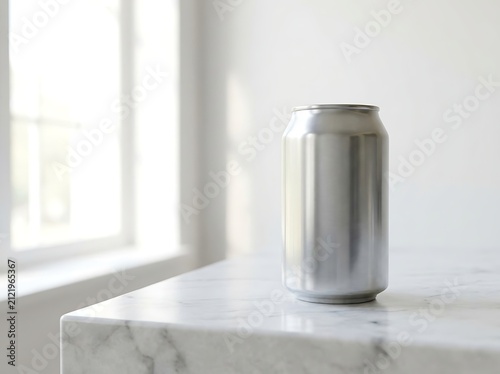 Blank silver aluminum soda can standing on a marble surface near a bright window. 12 oz can mockup