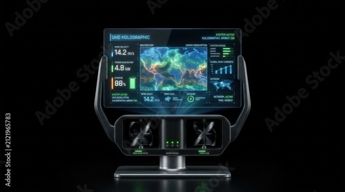 High-Tech Data Visualization Device with 3D Computer Screen and Analytics Display