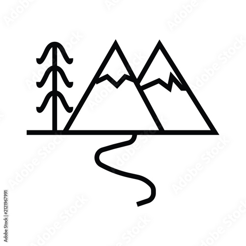Mountain landscape line art icon with pine tree and river