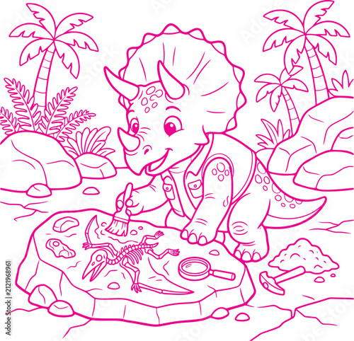 Canvastavla Triceratops paleontologist carefully brushes dust away from a buried fossil skeleton while exploring a lush prehistoric jungle landscape in this detailed coloring page illustration for young kids