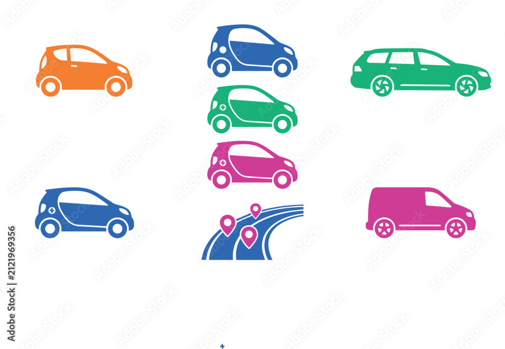 Naklejka premium Colorful Electric Car and Urban Transportation Flat Icon Set Featuring Smart Hatchbacks Station Wagon Road Map Pins and Delivery Van Vector Graphics