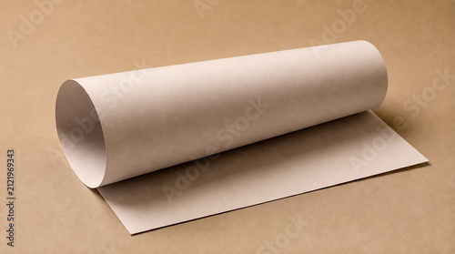 Rolled sheet of white paper on a brown craft paper background