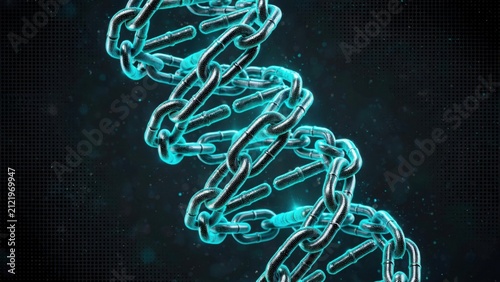 Abstract DNA Helix Made of Metallic Chains Glowing Blue.