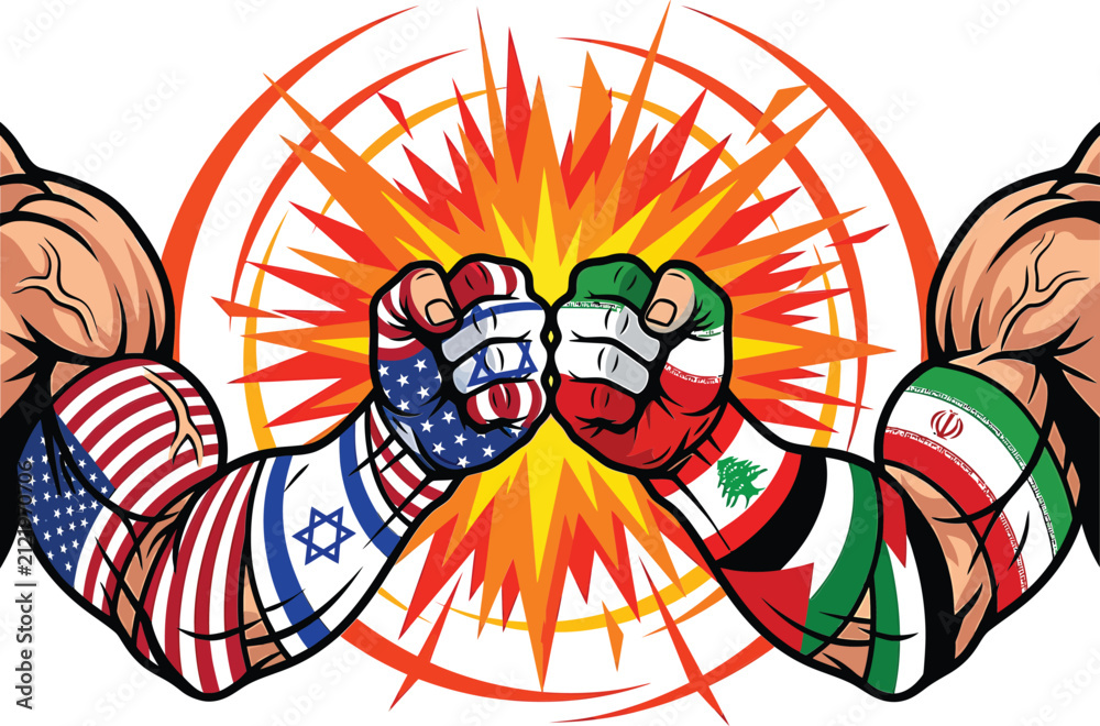 Fototapeta premium Two muscular arms clashing with usa, israel, iran, and lebanon flag tattoos