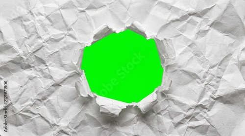 Foto Green screen paper cutout on crumpled white background