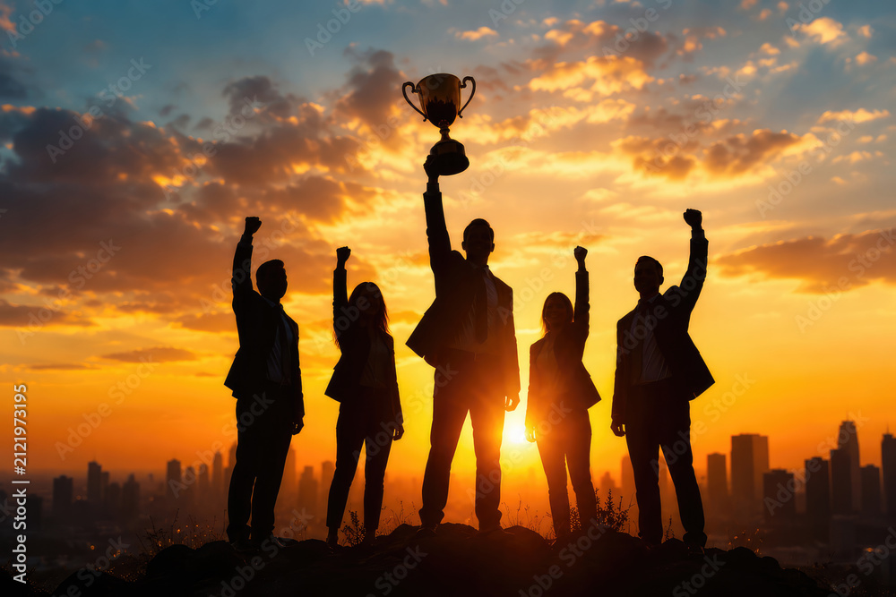 Fototapeta premium Winning Business Team Celebrating Success with Trophy at Sunset