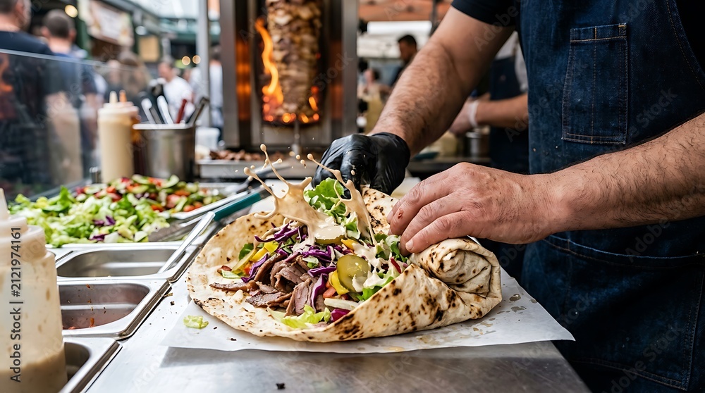 Obraz premium Chef Preparing Delicious Doner Kebab Shawarma Wrap with Fresh Ingredients at Bustling Street Food Stall
