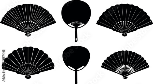 Traditional Asian hand fan silhouette vector set featuring Japanese folding fans sensu and round uchiwa cultural accessory graphic design elements