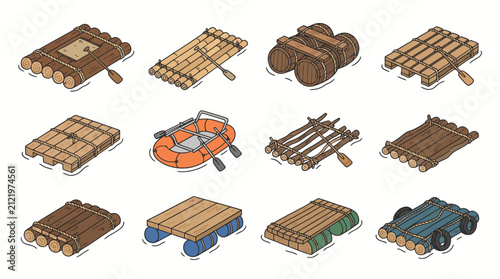 Wooden Raft Cartoon Icon Set - Bamboo, Log and Barrel Float Illustrations