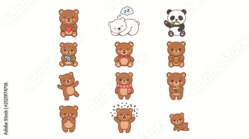 Cute kawaii cartoon brown bear set with panda and polar bear characters holding heart honey fish and flower isolated