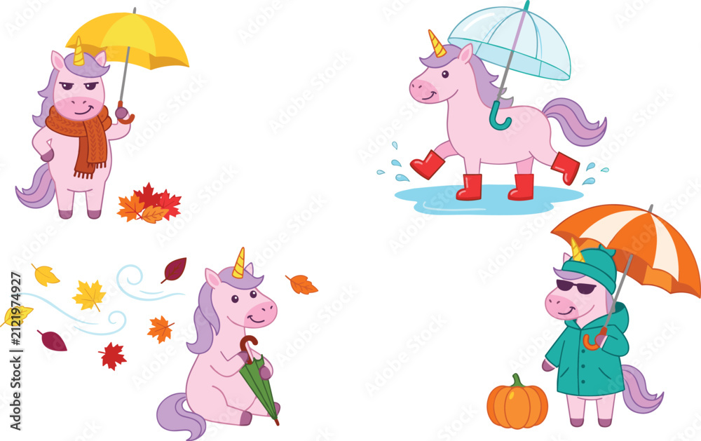 Naklejka premium Cute Pink Unicorn Character Vector Set with Umbrellas Rain Boots Raincoat Leaves and Pumpkin for Autumn and Rainy Weather Illustration Designs