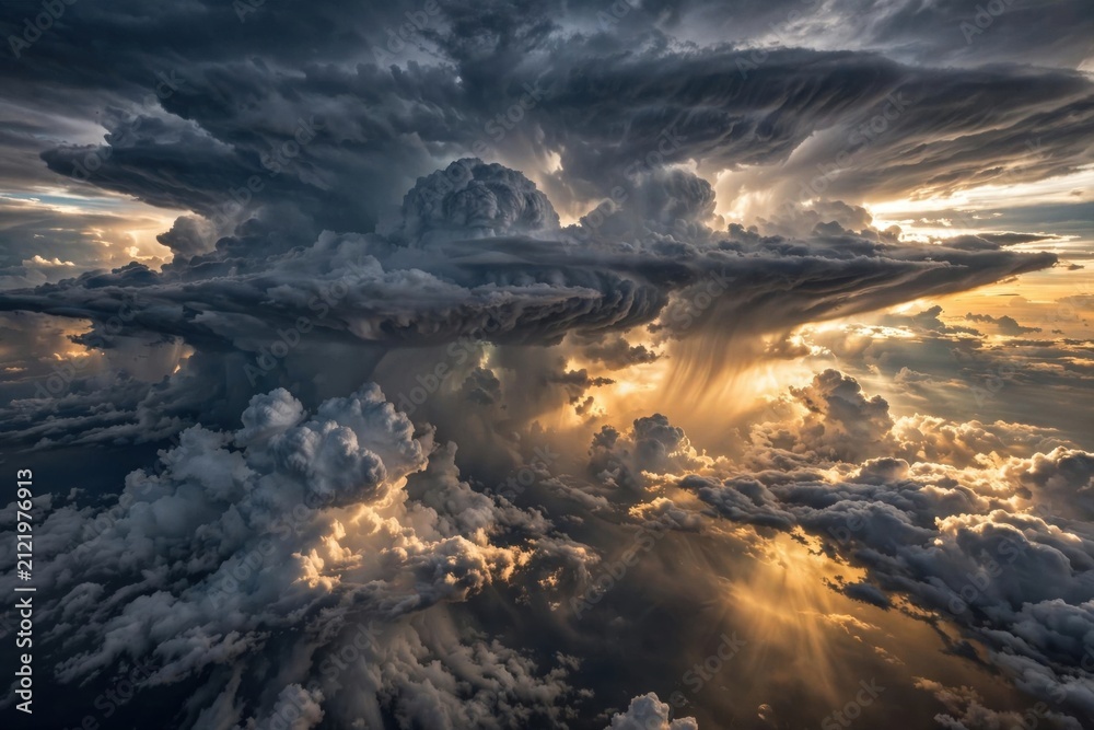 Fototapeta premium Dramatic Storm Clouds Illuminated by Golden Sunset Light.