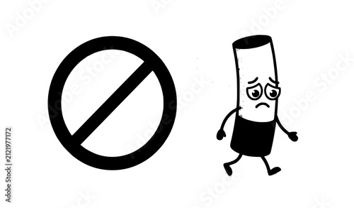 Sad Cigarette Cartoon Character Running Away from Prohibited Restriction Ban Sign for Anti Smoking Campaign and Public Health Warning Vector Icon Illustration
