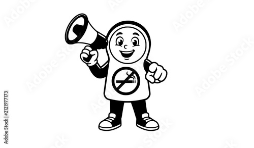 Friendly Cartoon Character Mascot Holding Megaphone with Prohibited No Smoking Symbol Badge for Health Campaign Awareness and Public Service Announcement Vector Design
