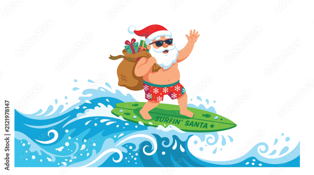 Fototapeta premium Surfing Santa Claus with a gift sack riding a surfboard on ocean waves, celebrating a tropical Christmas beach holiday