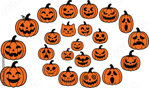 A creative halloween coloring vcetor icon set featuring a collection of various carved pumpkin jack o lantern faces arranged in a fun spiral pattern