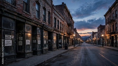 Historic Main Street at Dusk with Old Buildings and Cloudy Sky.