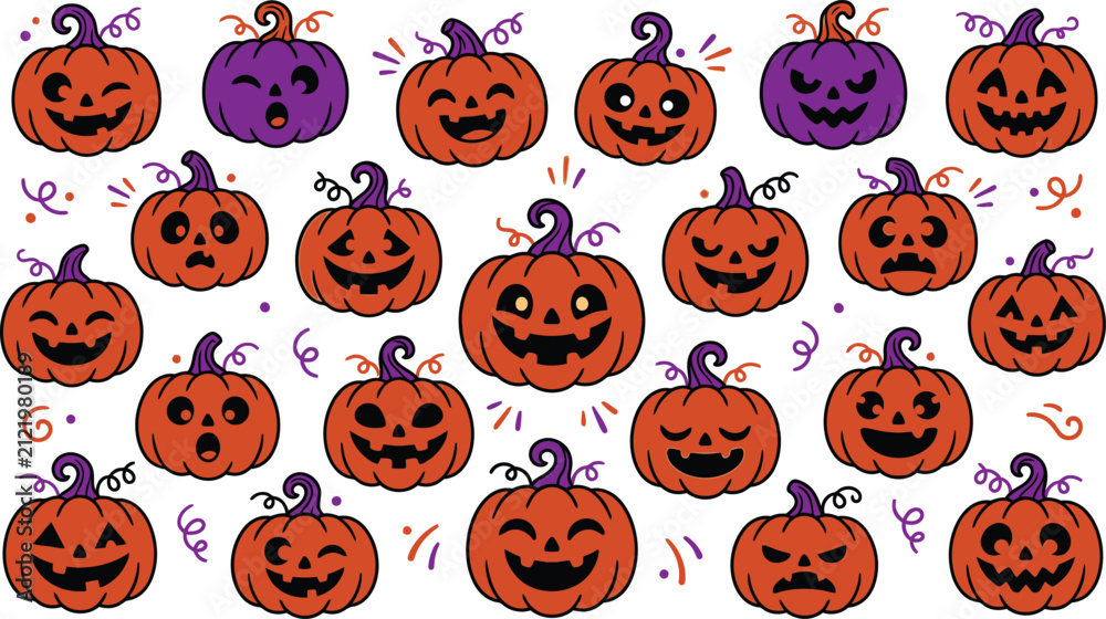 Fototapeta premium A collection of various spooky pumpkin faces presented as a halloween coloring vcetor icon set perfect for festive holiday designs and creative autumn projects