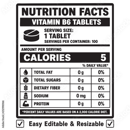 vitamin b6 tablets nutrition facts vector label template design