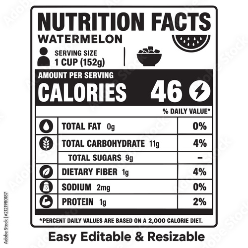 watermelon nutrition facts vector label template design featuring icon, food, healthy