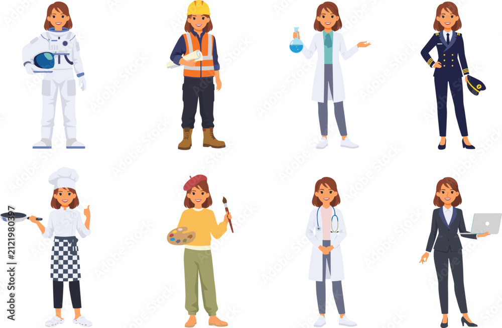 Obraz premium Diverse Women Profession Character Vector Set Featuring Astronaut, Construction Worker, Scientist, Pilot, Chef, Artist, Doctor, and Businesswoman Icons