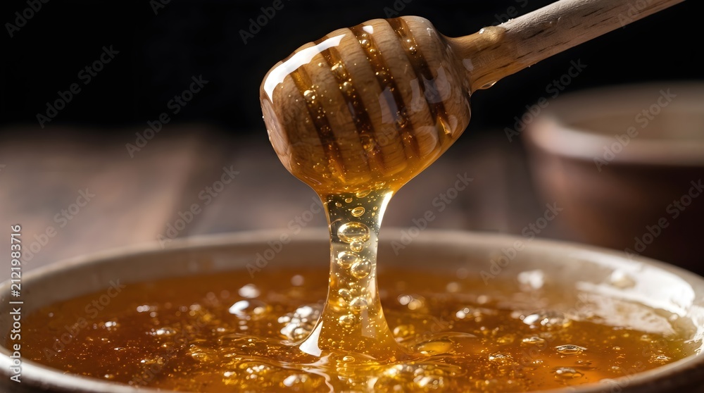 Fototapeta premium closeup of honey dripping from a wooden spoon.