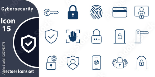 Cybersecurity set featuring dark blue line symbols of locks, shields, fingerprints, and digital access controls on white background