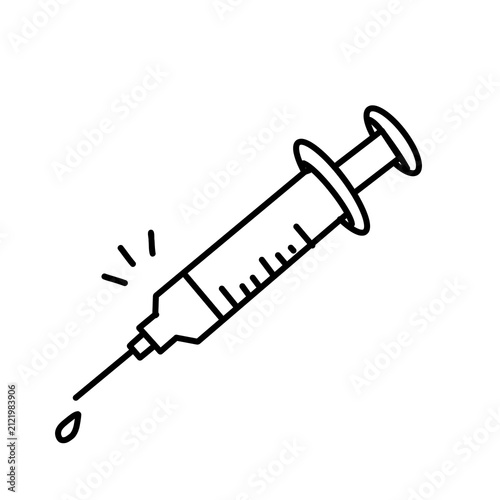 Obraz na plátně Simple hand-drawn line art illustration of a medical syringe with dosage markings and a liquid droplet, isolated on a white background