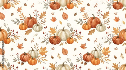 Seamless pattern with watercolor pumpkins and autumn leaves for a festive happy halloween background design