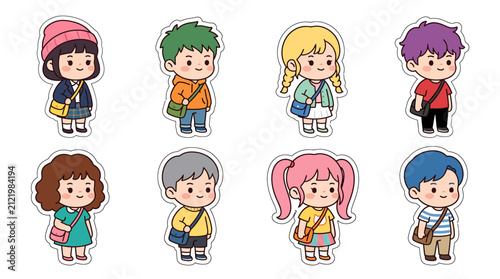 Set of Cute Chibi Cartoon Character Stickers with Diverse Outfits and Styles