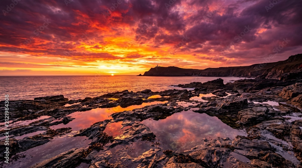 Fototapeta premium Vivid Sunset Glow Over Rugged Coastal Rocks Reflecting in Tidal Pools by the Calm Ocean Shore