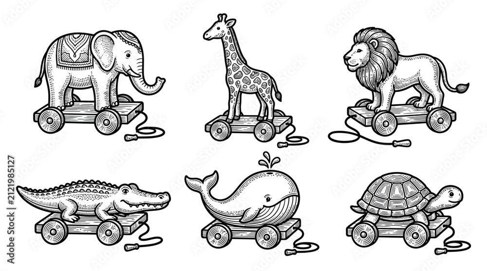 Obraz premium Animals appear as whimsical wooden pull toys depicting an elephant, giraffe, lion, crocodile, whale, and turtle in a sketchbook style.