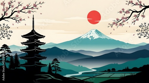 Iconic Mount Fuji landscape illustration with a traditional Japanese pagoda, sakura blossoms, and a red sun
