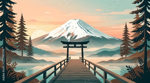 Iconic Mount Fuji landscape with a torii gate and cherry blossoms during a tranquil sunrise, representing traditional