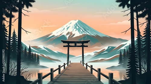 Iconic Mount Fuji landscape with a torii gate and sakura blossoms at sunrise, a tranquil Japanese scene