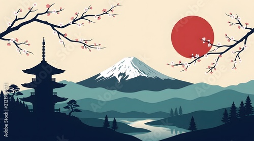 Iconic Mount Fuji landscape with sakura, pagoda, and torii gate during a tranquil sunrise, representing traditional