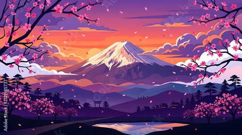 Iconic Mount Fuji landscape in Japan with sakura cherry blossoms, torii gate, and pagoda during a vibrant sunrise