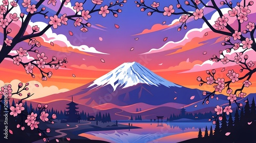Iconic Mount Fuji landscape with sakura cherry blossoms, a pagoda, and torii gate at sunrise, embodying traditional