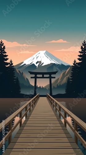 Iconic Mount Fuji with a traditional torii gate and wooden bridge, reflecting a serene Japanese temple scene