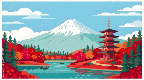 Iconic Mount Fuji landscape with a Japanese temple pagoda and sakura cherry blossoms during a vibrant sunrise