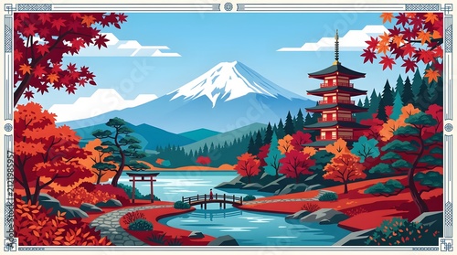Iconic Mount Fuji landscape with a pagoda, torii gate, and sakura blossoms during a vibrant sunrise