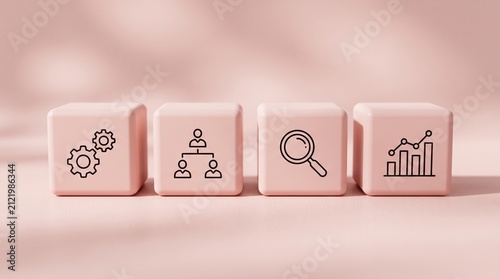 Business Icons on Cubes: Four pink cubes display business-related icons – gears, organizational chart, magnifying glass, and a bar graph with an upward trend – symbolizing process, structure.
