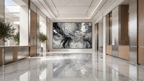 Modern Luxury Hotel Lobby with Abstract Art and Polished Floors.