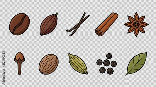 Quadro su tela Spices and aromatics icons feature a selection of culinary ingredients including coffee beans, cocoa pods, vanilla beans, cinnamon sticks, star anise, cloves, nutmeg, cardamom, peppercorns, and bay