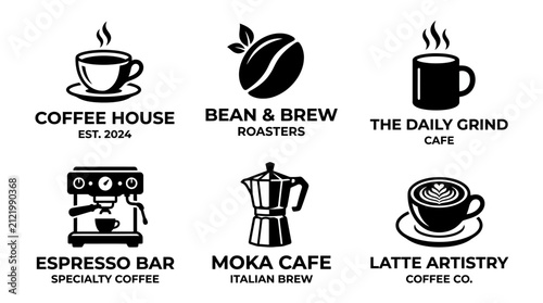 Fotografie Coffee house logos depicting espresso machines and steaming mugs offer a comprehensive branding package for specialty roasters and neighborhood cafes seeking a classic monochromatic look