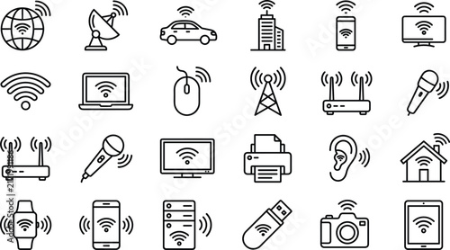Wireless smart device line icon set featuring wifi connected electronic hardware computer systems and internet network infrastructure