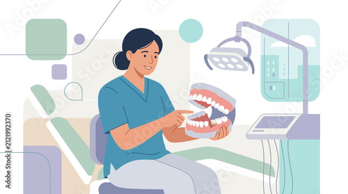 Dentist demonstrates dental hygiene with artificial mouth model, isolated