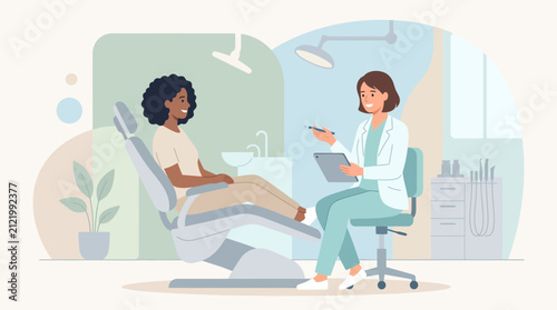 Dentist Consulting Patient in Dental Chair, Healthcare Illustration