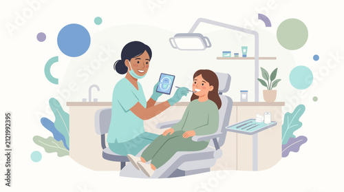 Dentist examining child's teeth with tablet, isolated on transparent background