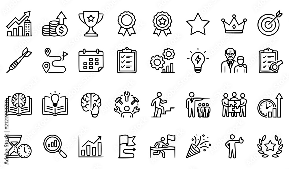 Fototapeta premium Business Success and Personal Development Editable Stroke Line Icon Collection for Growth, Awards and Planning Vector